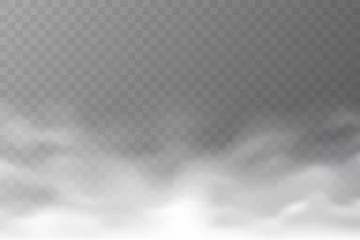 Zelfklevend Fotobehang Vector smoke cloud isolated on transparent background. Realistic dense fog. Abstract steam effect for your design. White haze. Vector illustration. © alexandertrou