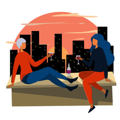 A man and a woman are sitting on the roof of the building, drinking wine and watching the sunset.