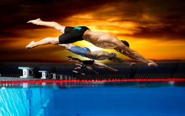 Swimmer jumping from starting block in a swimming pool. Five image of the same model.