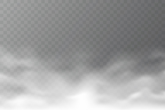 Vector smoke cloud isolated on transparent background. Realistic dense fog. Abstract steam effect for your design. White haze. Vector illustration.