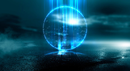 Background of empty street at night, neon light, asphalt, concrete, smoke, smog. Abstract light element in the center, light triangle.