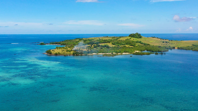 Basot Island, Caramoan , Philippines.Tropical Island With Green Hills,view From Above. Summer And Travel Vacation Concept.