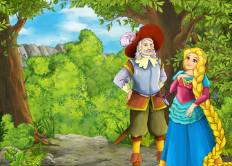 Obraz na płótnie Canvas cartoon scene with mountains valley near the forest with prince and princess