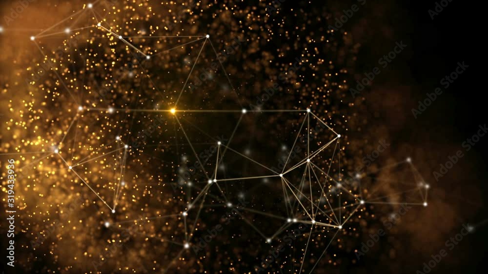 Poster Elegant fantasy abstract technology, science and engineering motion background with golden particles and plexus lines in organic motion. Flickering light. Depth of field settings. 3d rendering.