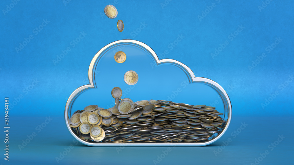 Wall mural 3d render a piggy bank in the form of a cloud with coins inside on a blue background. frontal view.