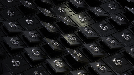 3d render an array of black safes on a black background. Perspective view.
