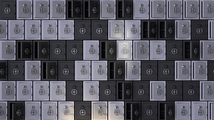 3d render an array of black and white safes. Grid structure. Frontal view.