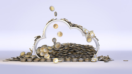 3d render a piggy bank in the form of a cloud with coins inside and around on a white background. Front view.