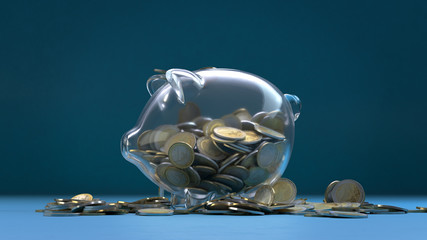 3d render glass piggy bank with coins around and inside on a blue background. Perspective view.