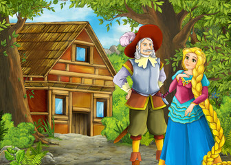 cartoon summer scene with path to the farm village with prince and with prince and princess