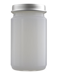 White Colorless Baby Puree, Jam or other Food in Tall Glass Jar. Realistic 3D Render Isolated on White.