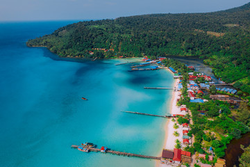 Cambodia aerial view of Koh Rong island , village on the beach nearby ocean.