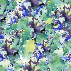 Seamless watercolor stain background. Abstract composition with soft green, blue and purple spots. Watercolor work on textured paper in pastel colors. Pattern for fabric.