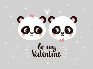 Two little faces of pandas are looking at each other among hearts on a gray background.