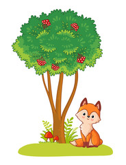 Fox sits in a clearing next to a green tree on a white background.