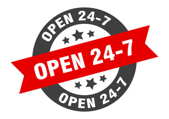 open 24 7 sign. open 24 7 round ribbon sticker. open 24 7 tag