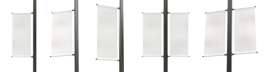Set of Different Angles of Empty Lamp Post Banners Isolated on White Background. Standard Size of Canvas. Realistic 3D Render.