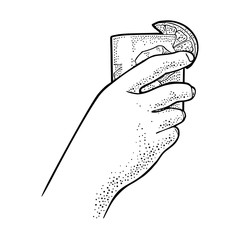 Female hand holding glass gin. Vintage vector engraving