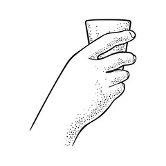 Female hand holding glass rum. Vintage vector engraving