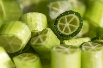 Natural handmade caramel candies with fruit pattern. Macro