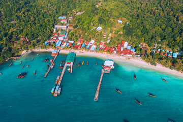 Cambodia aerial view of Koh Rong island , village on the beach nearby ocean.