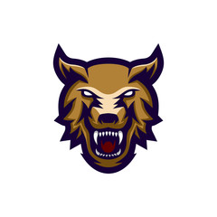Obraz premium Angry wolf head logo with sharp teeth vector illustration, suitable for the sports team mascot logo and e sports team