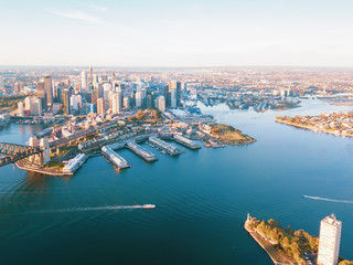 Aerial Panoramic View of Beautiful Sunrise at Sydney City Skyline