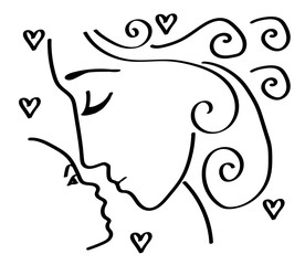 Mom and baby on a white background. Linear silhouette. Vector illustration.