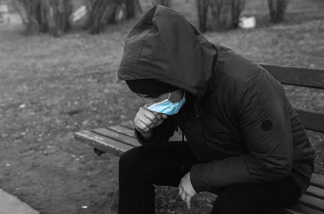 Epidemic virus. Man in mask coughing outdoors. Dangerous flu strain cases. Pandemic disease. Health problem concept.