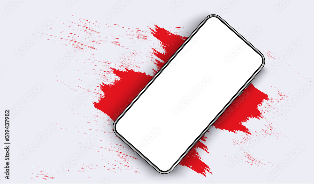 Poster Smartphone blank screen, phone mockup. The view from the top of the phone on a red spot. Template for infographics or presentation UI design interface. vector red