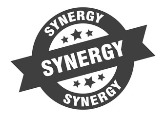 synergy sign. synergy round ribbon sticker. synergy tag