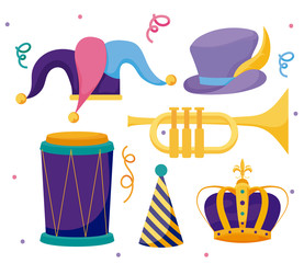 Mardi gras hats crown trumpet and drum vector design