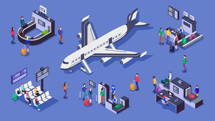 People in airport isometric color vector illustrations set. Luggage belt, commercial airplane and security checkpoint 3d concept isolated on blue background. Baggage scanner and check in counter