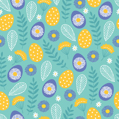 Easter seamless pattern with eggs, flowers, branches, leaves. Scandinavian style