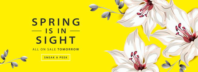 Spring sale horizontal web banner poster with lily flowers on yellow background, vector illustration.
