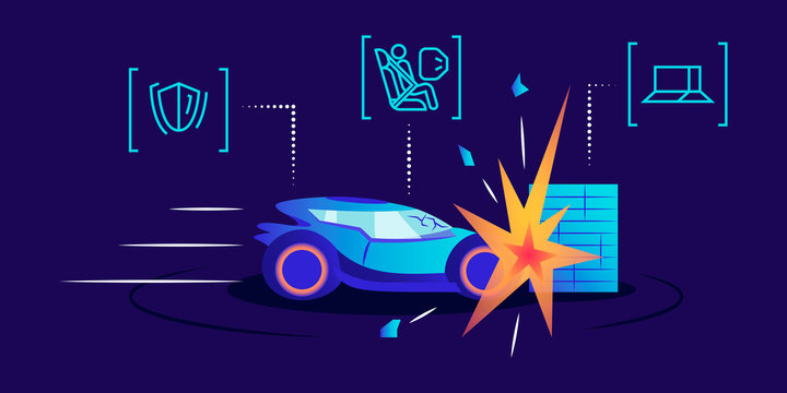 Driverless Car Crash Test Flat Color Vector Illustration. Vehicle Smashing Against Wall On Blue Background. Driver Protection Measure, Transport Durability And Obstacle Detection System Examination