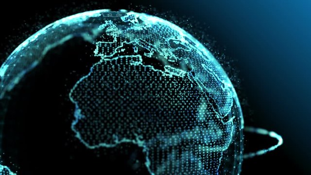 Blue earth technology, business and communications background loop. Animation of the Earth globe rotating with plexus particles around. Room for your text and logo.