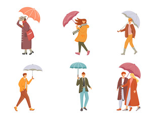Walking people with umbrellas flat color vector faceless characters set. Rainy day. Wet weather. Caucasian humans. Men and women isolated cartoon illustrations on white background