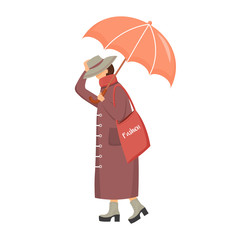 Woman in brown raincoat flat color vector faceless character. Walking caucasian lady. Rainy day. Fashionable madam on heels. Female with umbrella isolated cartoon illustration on white background