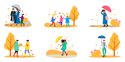 Walking people with umbrellas flat color vector faceless characters set. Autumn nature. Rainy day. Wet weather. Caucasian humans. Men and women isolated cartoon illustrations on white background