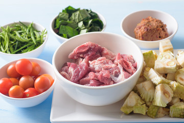 Food ingredients for making Kaeng Khanun-on (Curry Young Jackfruit), Northern Thai local food