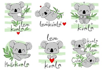 Set with designs of children's prints with a hand drawn koala. Elements for textile, t-shirts, background. Cute koala with eucalyptus childish vector illustration. © Alsu Art