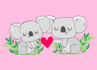 Hand drawn cute koala with leaves. Vector. Cute koala gray and pink heart print for baby clothes.