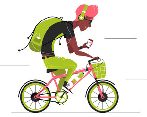 Travel Cyclist. Cartoon Man Cycling Forward. Bicycle Delivery Man. Active Leisure Healthy Lifestyle Outdoors. Vector Illustration
