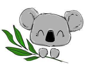 Hand drawn cute koala and eucalyptus. Childish illustration vector.