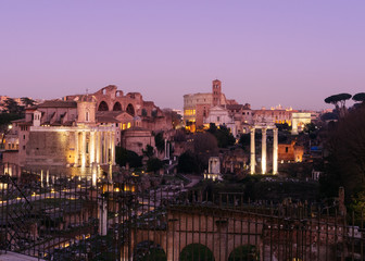 Fototapeta na wymiar Rome, Italy - Jan 1, 2020: Roman Forum during dusk, Rome, Italy