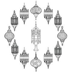 Lanterns for the holiday of Ramadan made in a circle. Fits the design of your greeting card or flyer. Black and white color. Stock illustration. Isolated white.