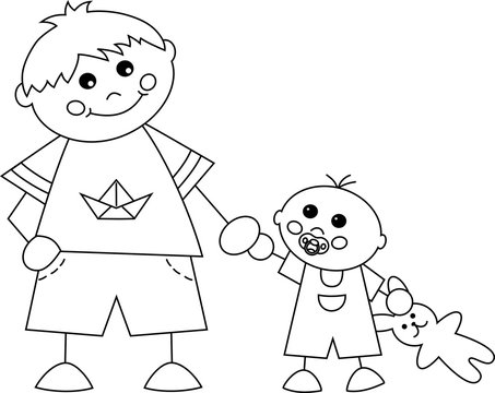 Ausmalbild Malvorlage gro&szlig;er und kleiner Junge Hand in Hand