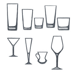 Set of glasses and glasses for alcohol and drinks. Pencil illustration.