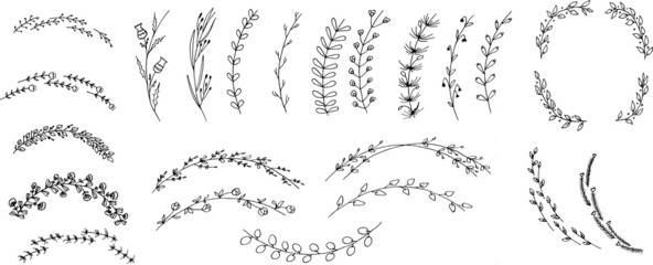 Floral and herbal wreaths set. Different hand drawn floral branches. 
